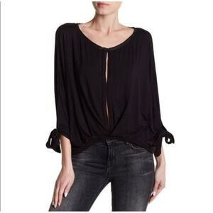 Free People Keepin' On Knot Front Top Blouse Tie‎ Sleeve Button Black Size S